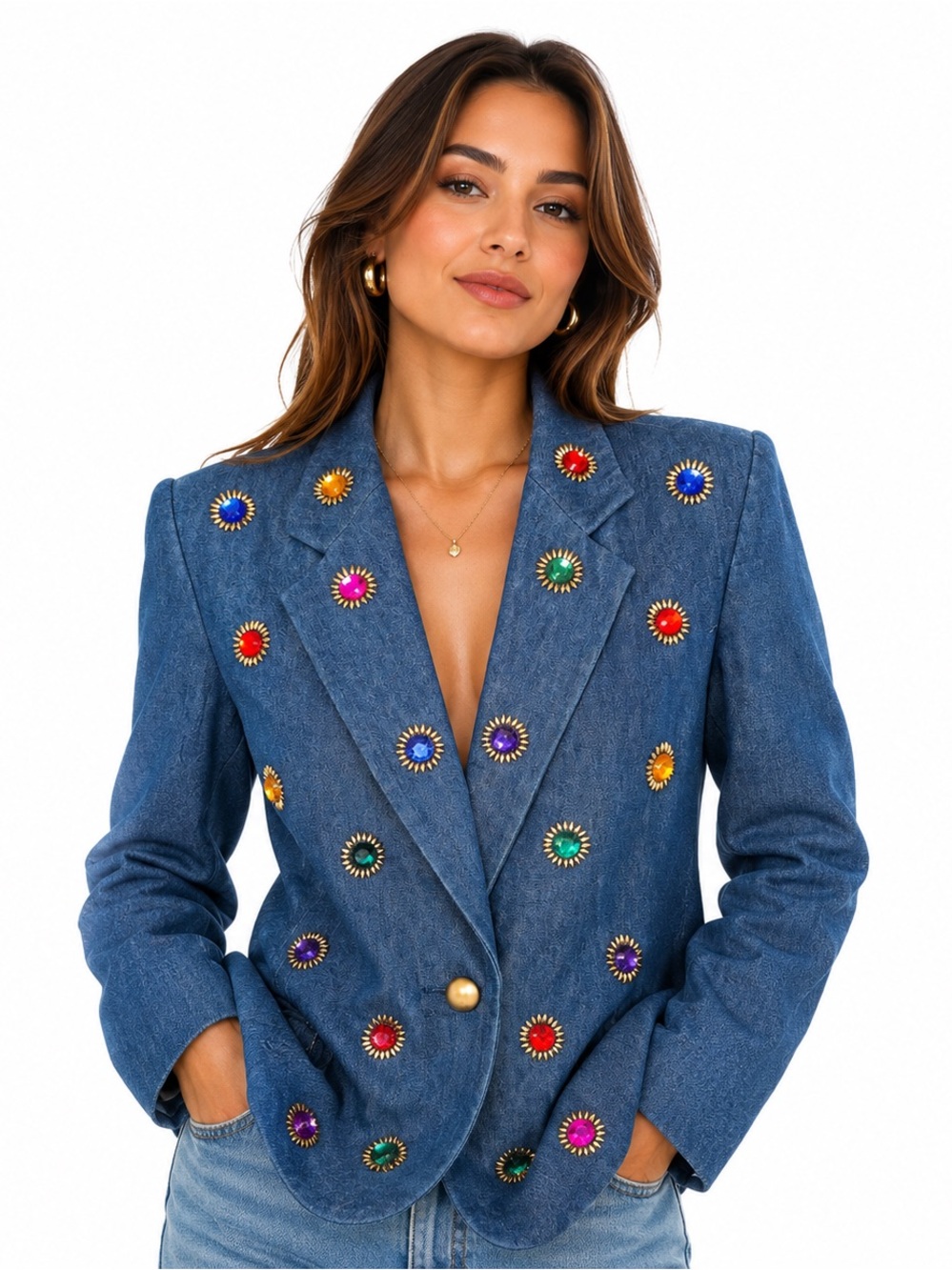 Vintage Adam Douglass Adrianna Papell Denim Jeweled Blazer Jacket Women’s Size M